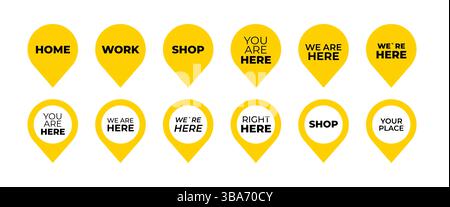 Yellow location pin icon set. Stock Vector