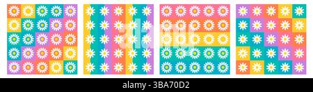 Rainbow color checkerboard seamless pattern collection with daisy flowers Stock Vector