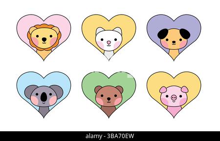 Cute animal icon set. Pet in heart Stock Vector