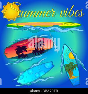 Vector illustration greeting card with a scene of surfboards on ocean waves, sun on a blue background. Summer vibes inscription. Ideal for holiday and Stock Vector