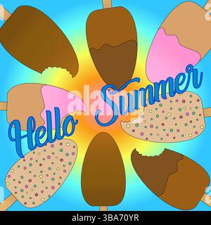 Greeting card illustration with a scene of ice cream frame on wooden stick, whole and with bite marks on gradient background. Hello Summer inscription Stock Vector
