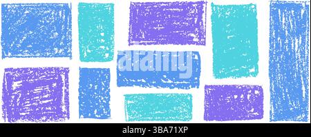 Kid doodle of rough rectangular shapes with blue and green pastel wax texture, resembling chalkboard or charcoal squiggle art. Grunge school style or Stock Vector