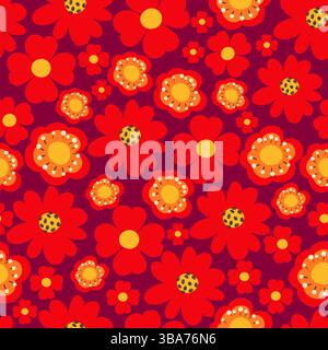 Red Flowers Seamless Pattern with Cute Nature Wild Field Florals Isolated on Dark Red Background. Doodle quirky summer and spring plants. Feminine Stock Vector