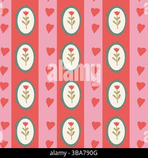 Charming cottage decor pattern with floral and heart motifs for home design. Stock Vector
