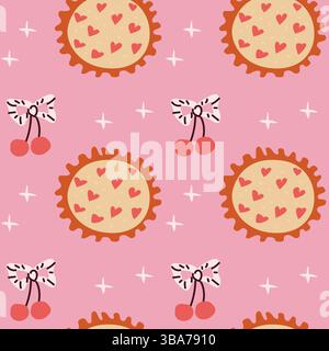 Cottagecore inspired design with heart pies and cherry bows for wallpaper or fabric. Stock Vector
