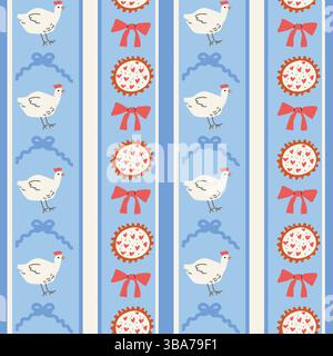 Charming cottage decor pattern with chickens and bows for vintage style design. Stock Vector