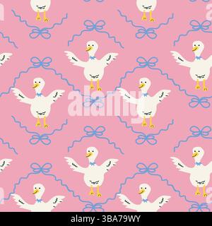 Charming cottage decor pattern with ducks and bows in pastel pink design for textile or wallpaper. Stock Vector