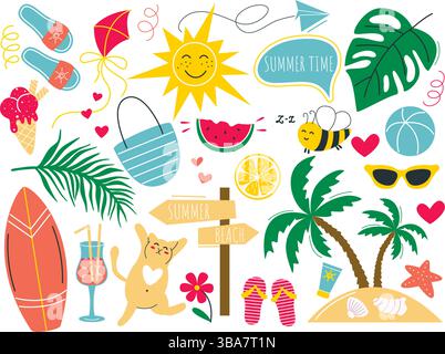 Hand drawn set illustrations on theme of summer beach holiday Stock Vector