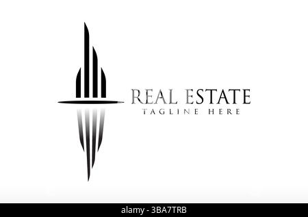 Real Estate Building With Reflecting Sea View Logo, modern building logo, modern real estate logo, minimal trendy tower design river sea wave Vector Stock Vector