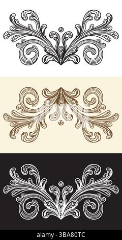 Set of monochrome vintage royal design elements. Scroll filigree wedding ornaments in abstract decorative style. Hand drawing retro pattern. Vector il Stock Vector