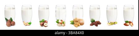 Different types of nut milk in glasses isolated on white, set Stock Photo
