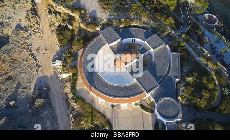 Drone shot, morning light, building from above with modern architectural elements and circular design, Kalithea, Kallithea, thermal baths, spa, Rhodes Stock Photo
