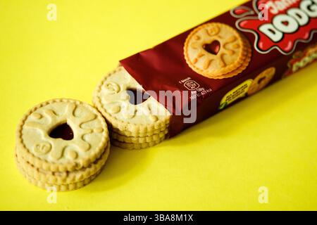 London UK, May 12 2025, Packet of Popular Jammie Dodgers Rasperry Flavoured Biscuits Stock Photo
