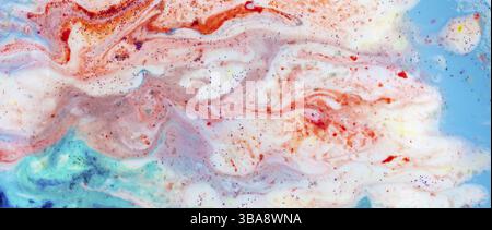 Horizontal banner background acrylic soft blue with pink and sparkles. Colourful marble texture. Liquid liquid marble. Art image. Avant-garde creativi Stock Photo