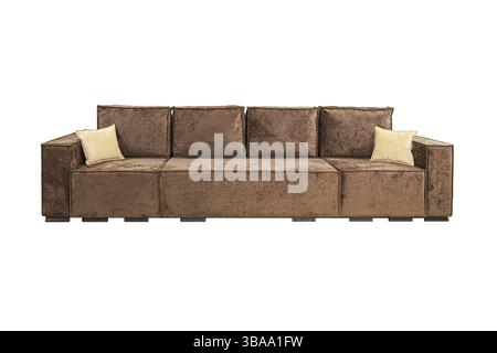 Brown sofa with velor fabric pillows isolated on a white background. Cushioned furniture Stock Photo