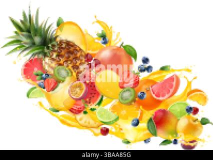 Realistic fruit burst. 3d fruits mix fresh juice cocktail splash tropical flavor, exotic berry drink blend beverage orange mango pineapple fruity food, exact vector illustration original artwork Stock Vector