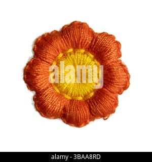 Orange and yellow flower embroidery for clothes decoration on white background with clipping path Stock Photo