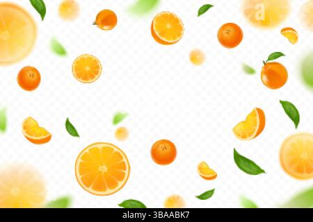 Realistic falling oranges. 3d orange flying slices, lemon fly tangerine blurred slice juicy citrus fall fruit defocusing background advertising banner, exact vector illustration original artwork Stock Vector