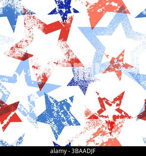 Red and blue stars with painted grunge texture. USA flag vector seamless pattern. American national holiday background. Fashion textile print, wrappin Stock Vector