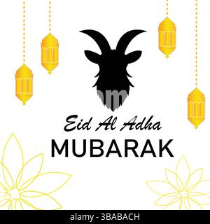 Minimal Eid Al Adha Card with Black Goat Silhouette and Yellow Lanterns on White Background Stock Vector