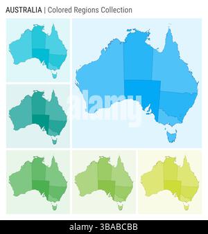 Australia map collection. Country shape with colored regions. Light Blue, Cyan, Teal, Green, Light Green, Lime color palettes. Stock Vector