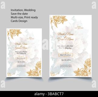 Watercolor flowers wedding invitation card template design, Two Save the Date card template design, white and pink flowers. Vector template set.Eps10 Stock Vector