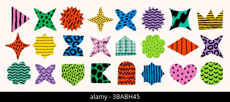 Playful collection of colorful abstract shapes, stars, diamonds, and hearts with hand drawn textures and bold patterns. Vector elements perfect for Stock Vector