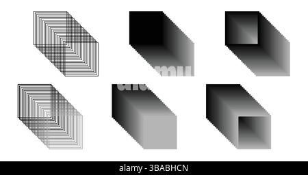 3D square perspective line tunnel set, collection of isolated fading geometric design elements. Vector illustration. Stock Vector