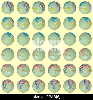 Collection of planet globes. Normal sphere view. Rotation step 10 degrees. Colored countries style. Stock Vector