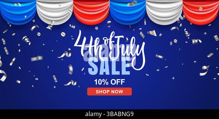 USA Independence Day 4th of July banner or poster design template with realistic 3d red, white and blue curtains. Vector holiday sale or party invitat Stock Vector