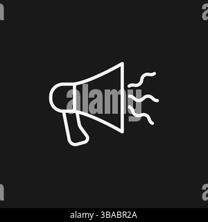 Megaphone Icon White Outline on Black Background with Sound Waves for Marketing and Announcement Stock Vector