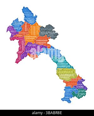 Laos shape. Country word cloud with region division. Laos colored illustration. Region names cloud. Vector illustration. Stock Vector