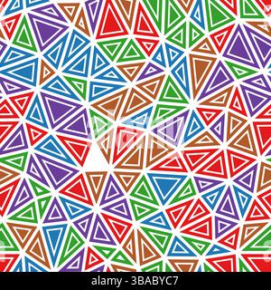 Triangular pattern background. Compact triangles size. Solid shapes in frames. Multiple colors style. Repeatable pattern. Vibrant vector tiles. Stock Vector