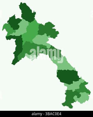 Map of Laos with regions. Just a simple country border map with region division. Green color palette. Stock Vector