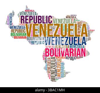 Venezuela country shape word cloud. Typography style country illustration. Venezuela image in text cloud style. Vector illustration. Stock Vector