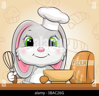 A Cute Cartoon Gray Rabbit Baker in a Chef's Hat. Vector Illustration of Animal with Flour, Egg, blue Bowl and Whisk. Stock Vector