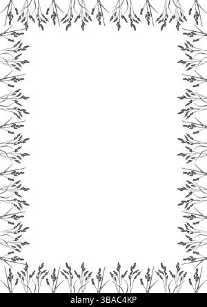 Flourish frame with monochrome elements. Trendy botany graphic template. Grass empty frame box. Hand drawn vector illustration isolated on white backg Stock Vector