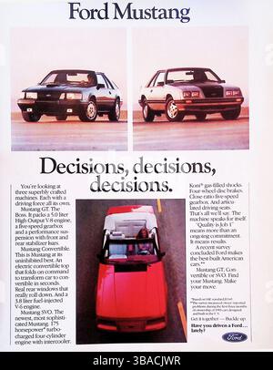 1984 Ford Mustang advertisement featuring three models: GT, Convertible, and SVO. Highlights performance specs like a 5.0L V8, turbocharged engine, and convertible top. Showcases the cars with bold visuals and the tagline “Decisions, decisions, decisions.” Classic 1980s American muscle car marketing. Stock Photo