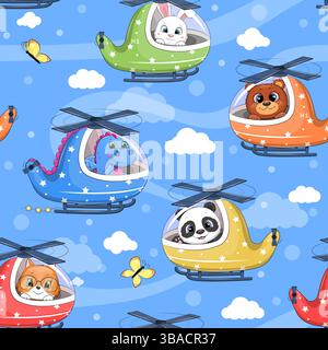 Seamless Pattern with Cute Cartoon Helicopters with different Animals in the Sky. Vector illustration on a blue background. Stock Vector