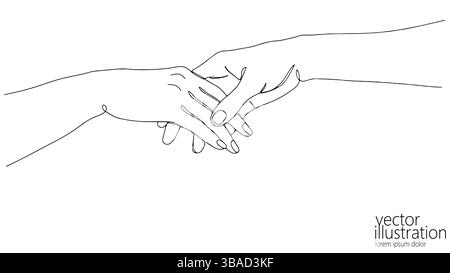Holding hands line art illustration. Woman fingers gentle touch shown. Relationship wedding invitations, or therapy websites. Minimalist style, top Stock Vector