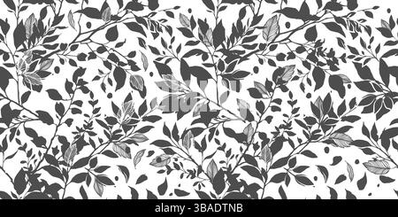 Monochrome branches with leaves seamless background. hand drawn. Not AI, Vector illustration Stock Vector