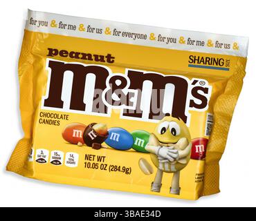 Peanut M&M'S. Described as roasted peanuts covered in delicious chocolate and a colorful candy shell. Peanut M&M's were introduced in 1954. Stock Photo