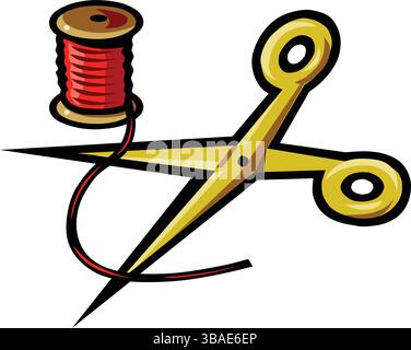 A colorful illustration of a pair of yellow scissors crossed with a spool of red thread and a loose thread Stock Vector