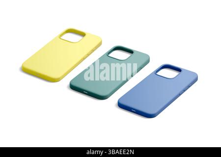 Blank matte colored phone case mockup lying, side view, 3d rendering. Empty yellow, green and blue protection casing mock up, isolated. Clear sleek pl Stock Photo