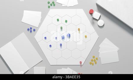White board game field with chips, dice and cards mockup, 3d rendering. Empty role play challenge map with resources for quiz, top view. Graphic team Stock Photo