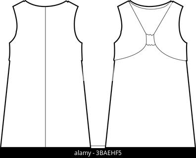 Simple Line Art of a Sleeveless Summer Dress – Front and Back Technical Fashion Sketch Stock Vector