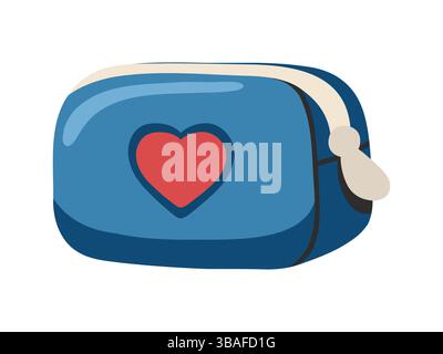 Travel zipped Toiletry Bag in blue color with red heart symbol for cosmetic or travel essentials. Cute cartoon vector illustration Stock Vector