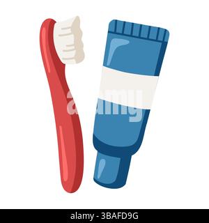 Toothbrush and toothpaste travel set in red and blue colors. Cartoon vector illustration on white background.  Stock Vector