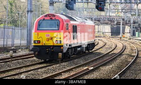 Newport, Wales, UK - April 1, 2025; DB Cargo UK class 67 diesel locomotive on curved track Stock Photo