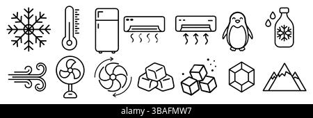 Air Conditioning, linear style icon set. Cooling systems for indoor climate control. Fans, vents and temperature regulation equipment Stock Vector